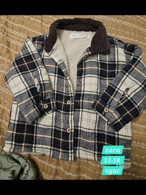 Zara Kids Navy, Cream & Brown Plaid Sherpa Shirt Jacket
